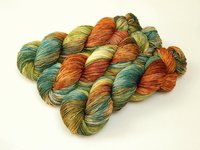 Hand Dyed Yarn, Fingering Sock Weight 4 Ply Superwash Merino Wool - Potluck Blue Green & Rust - Indie Dyer OOAK Knitting Yarn 