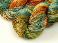 Hand Dyed Yarn, Fingering Sock Weight 4 Ply Superwash Merino Wool - Potluck Blue Green & Rust - Indie Dyer OOAK Knitting Yarn 