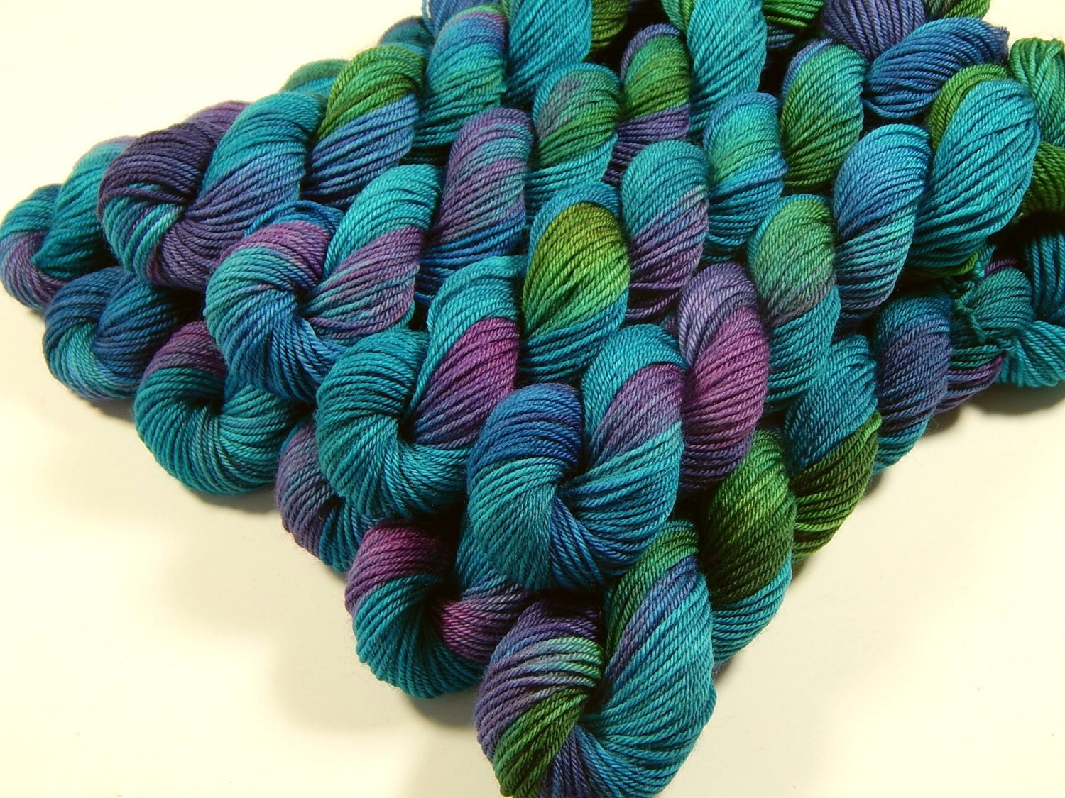 Mini Skeins Hand Dyed Yarn, Sock Weight Superwash Merino Wool - Aegean Multi - Indie Fingering Knitting Yarn, Vibrant Blue Green Turquoise