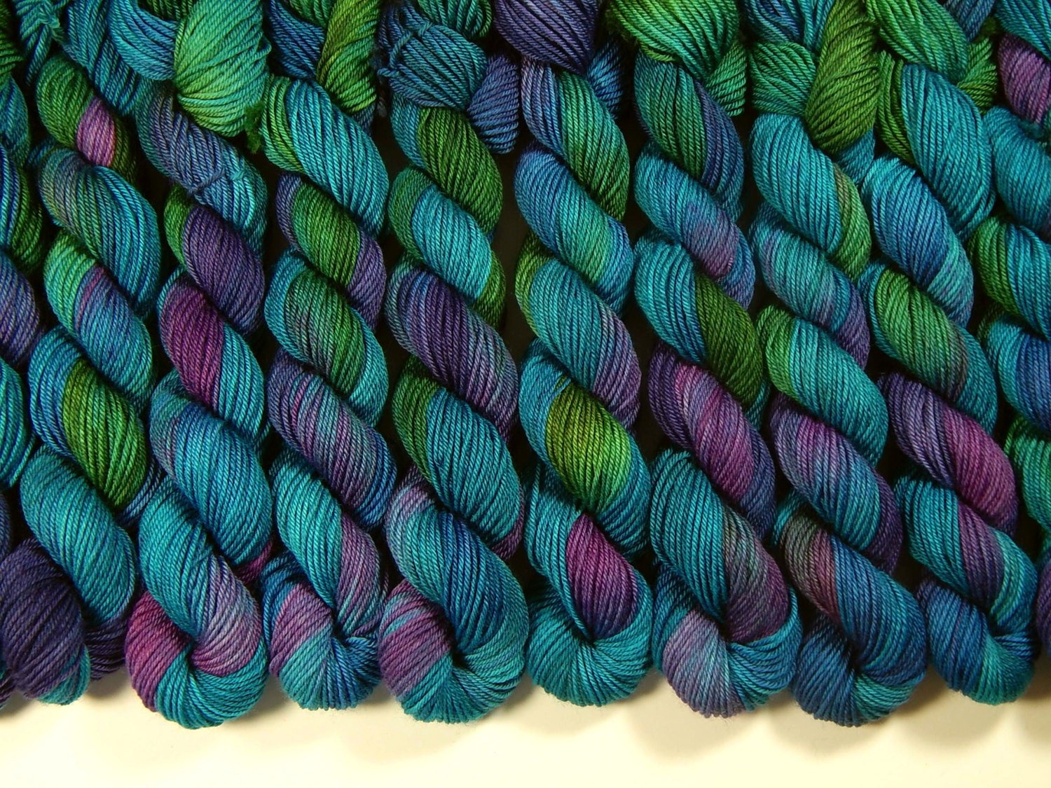 Mini Skeins Hand Dyed Yarn, Sock Weight Superwash Merino Wool - Aegean Multi - Indie Fingering Knitting Yarn, Vibrant Blue Green Turquoise