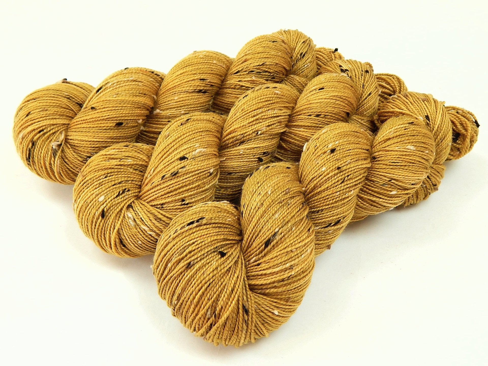 Hand Dyed Yarn, Tweed Fingering Sock Weight Superwash Merino Wool Nylon - Honey Mustard - Yellow Indie Dyer Knitting Yarn, Gold Tweedy Yarn