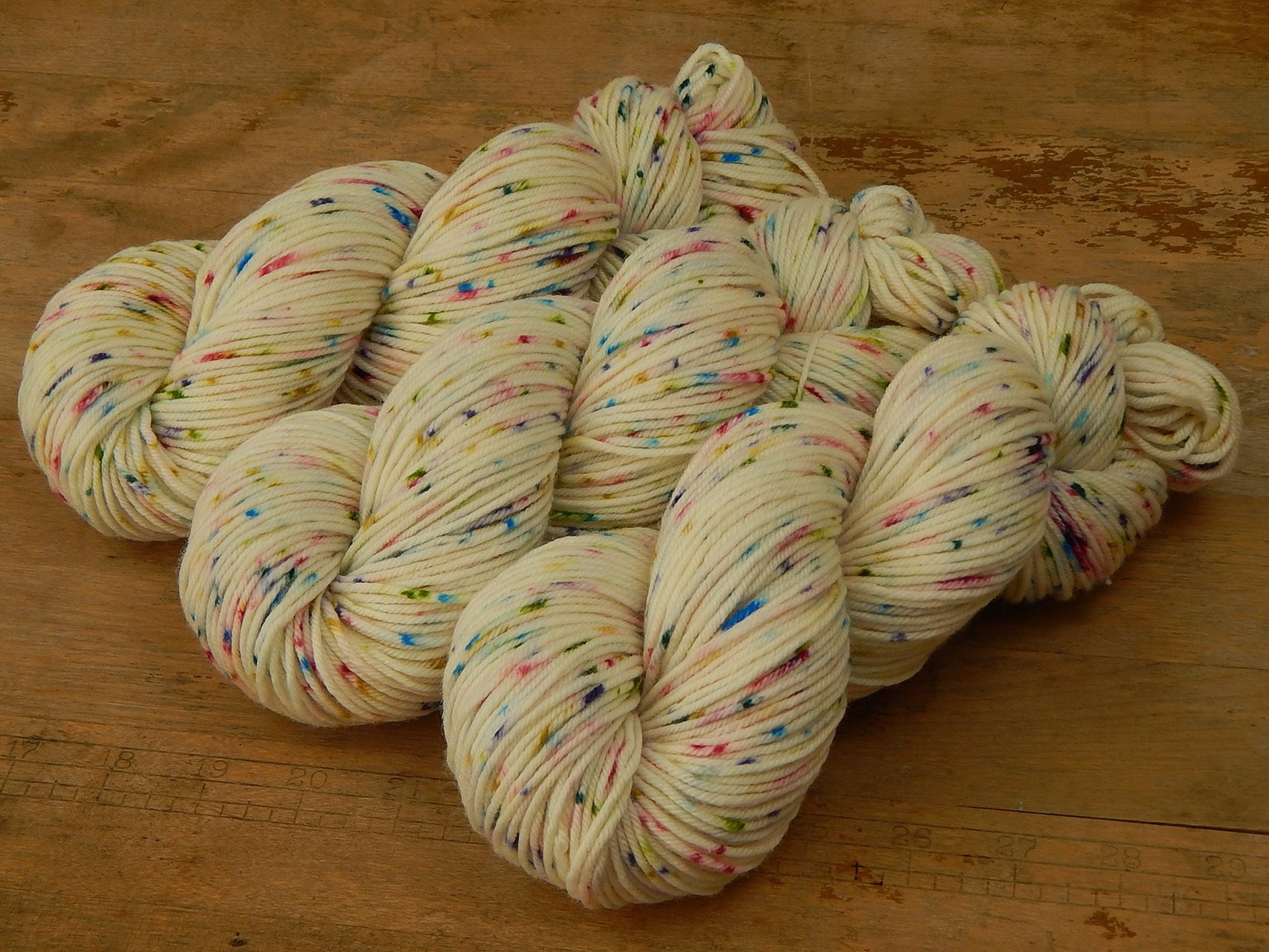 Hand Dyed Yarn, DK Weight Superwash Merino Wool - Potluck Confetti on Cream - Off White Rainbow Speckled Indie Dyed Knitting Yarn