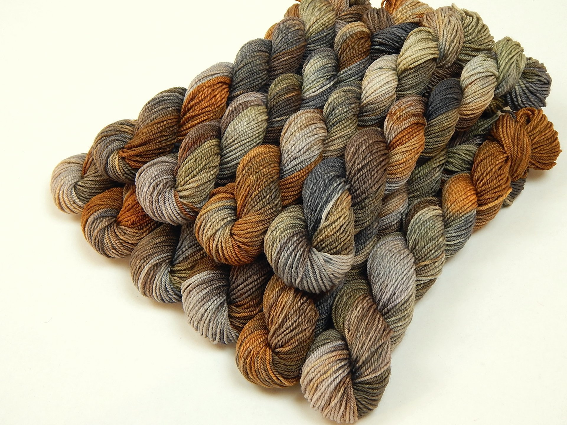 Hand Dyed Yarn 20g Mini Skeins, Sock Fingering Weight, 4 Ply Superwash Merino Wool - Potluck Greys & Browns - Earthy Multicolor Indie Dyer Yarn