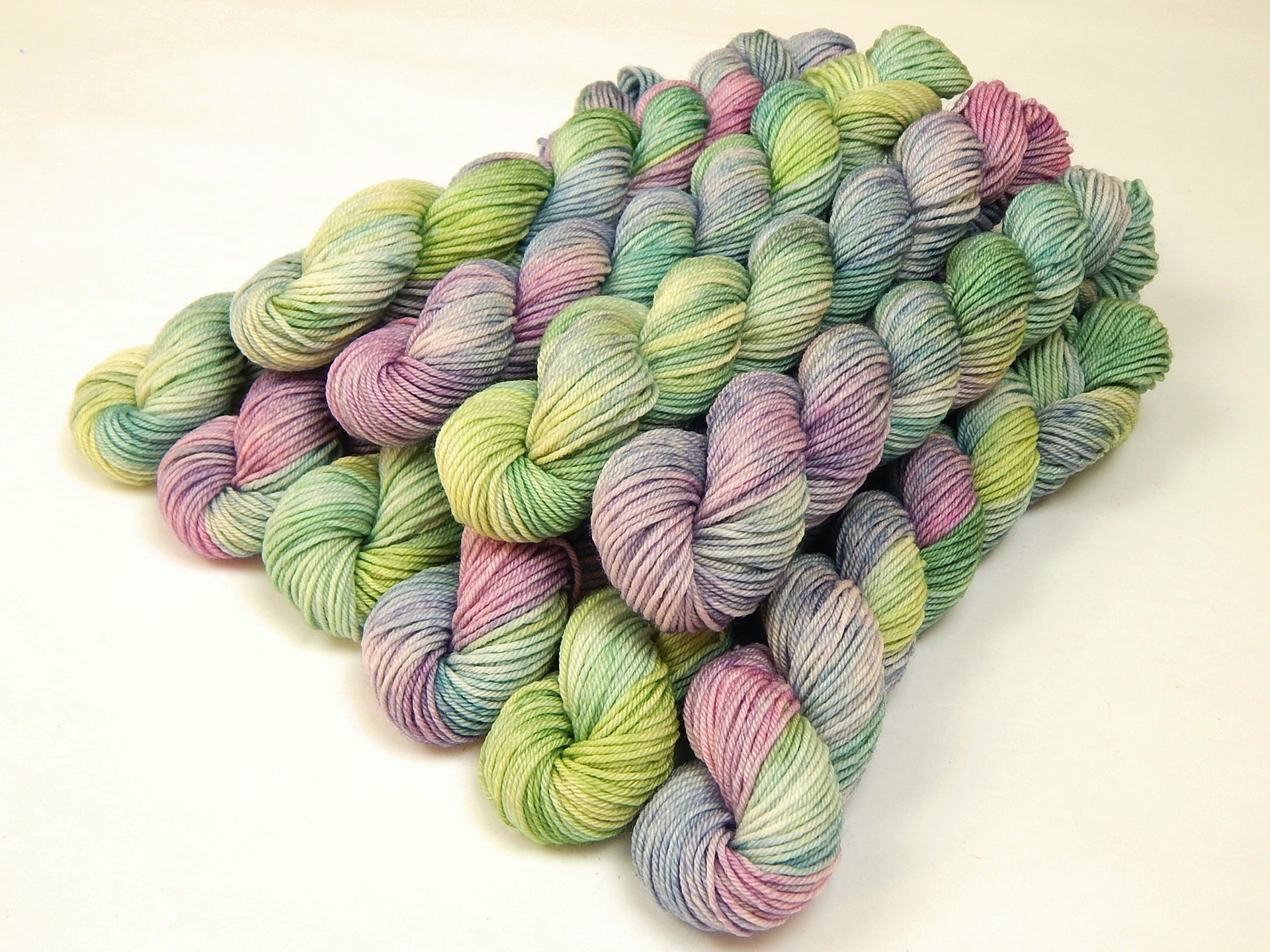 Hand Dyed Yarn 20g Mini Skeins, Sock Fingering Weight, 4 Ply Superwash Merino Wool - Potluck Pastels - Multicolor Blue Green Purple Pink Indie Dyer Yarn