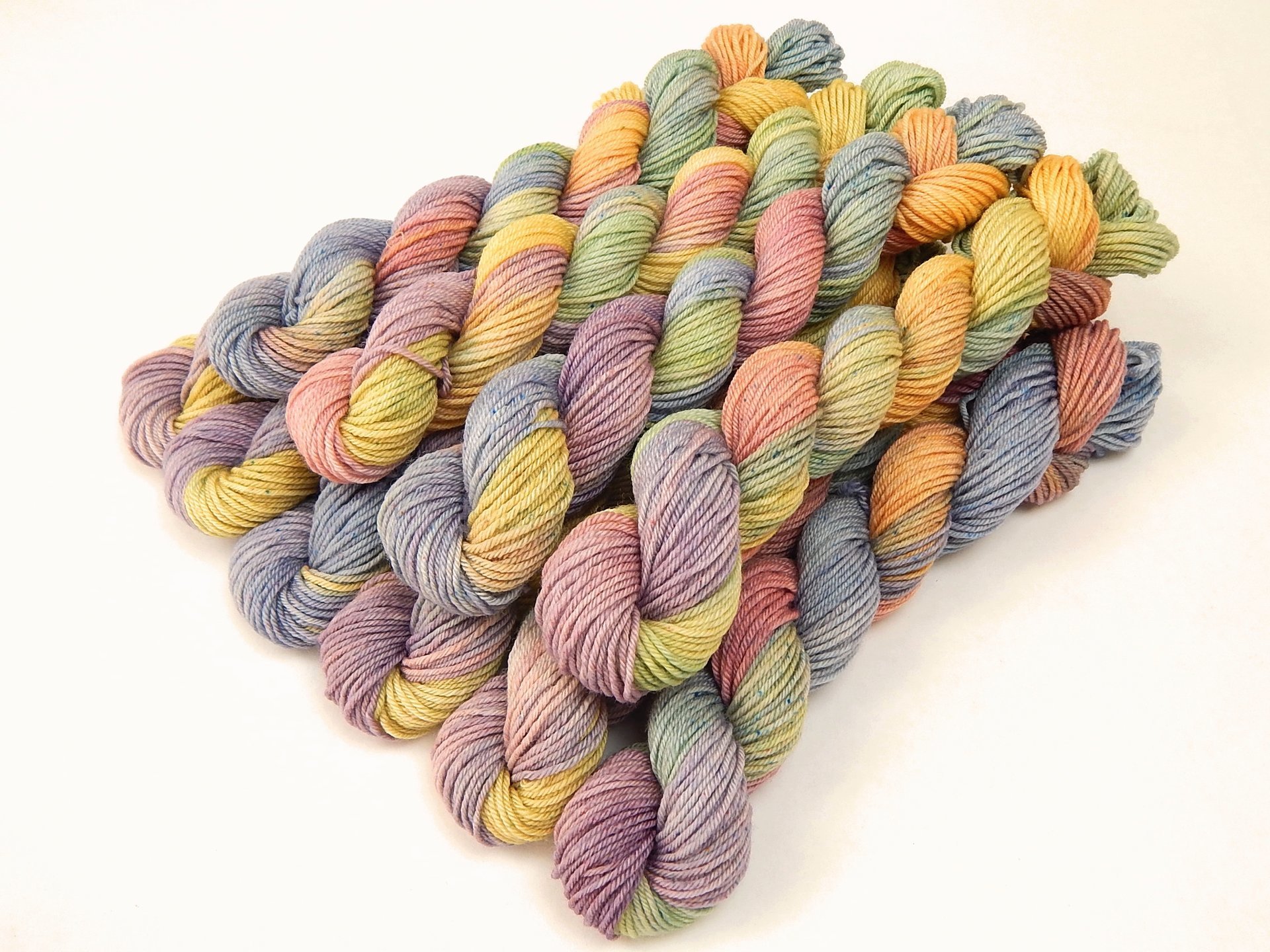 Hand Dyed Yarn 20g Mini Skeins, Sock Fingering Weight, 4 Ply Superwash Merino Wool - Potluck Pastels - Multicolor Lavender Blue Green Yellow Pink, Indie Dyer Yarn