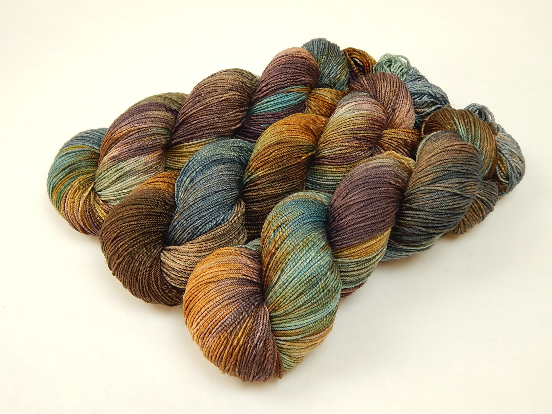 Hand Dyed Yarn, Fingering Sock Weight 4 Ply Superwash Merino Wool - Potluck Blues & Browns - Indie Dyer Earthy Shades Knitting Yarn 