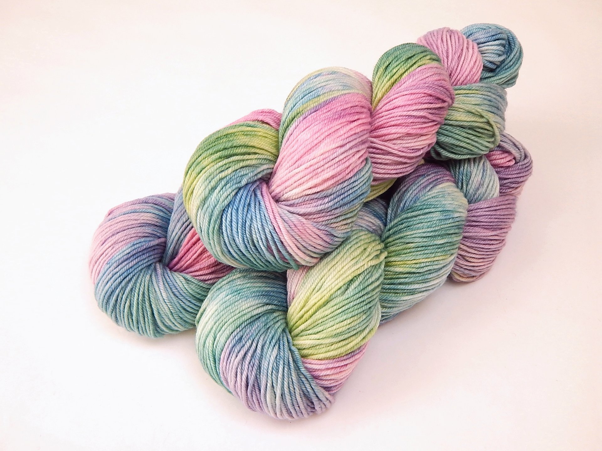 Hand Dyed Yarn, DK Weight Superwash Merino Wool - Potluck Pastels - Blue Green Pink Purple, Soft Spring Shades, Indie Dyed Knitting Yarn