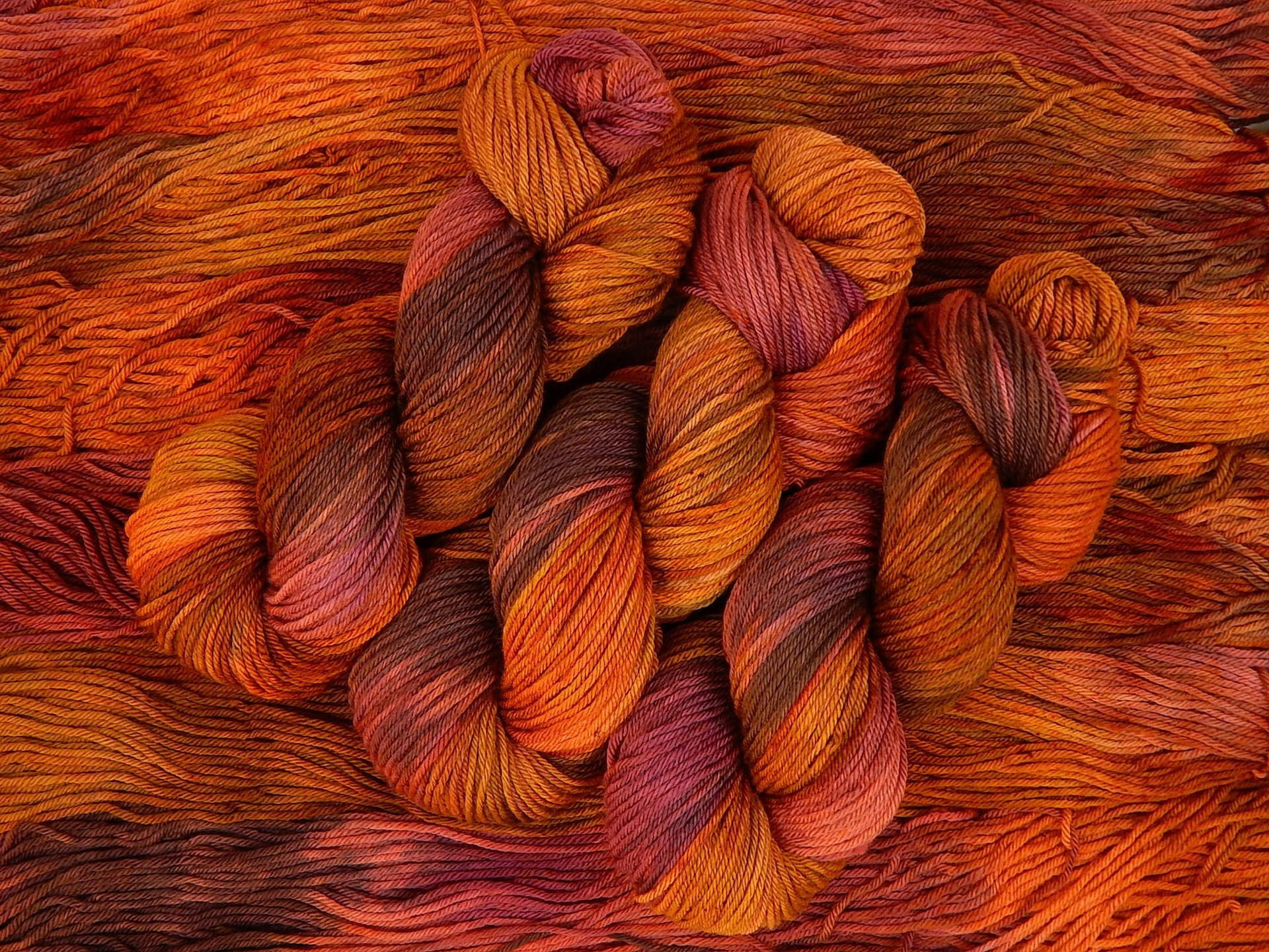 Hand Dyed Yarn, Worsted Weight Superwash Merino Wool - Potluck Autumn Shades - Orange Brown Magenta, Indie Dyer Knitting Crochet Yarn