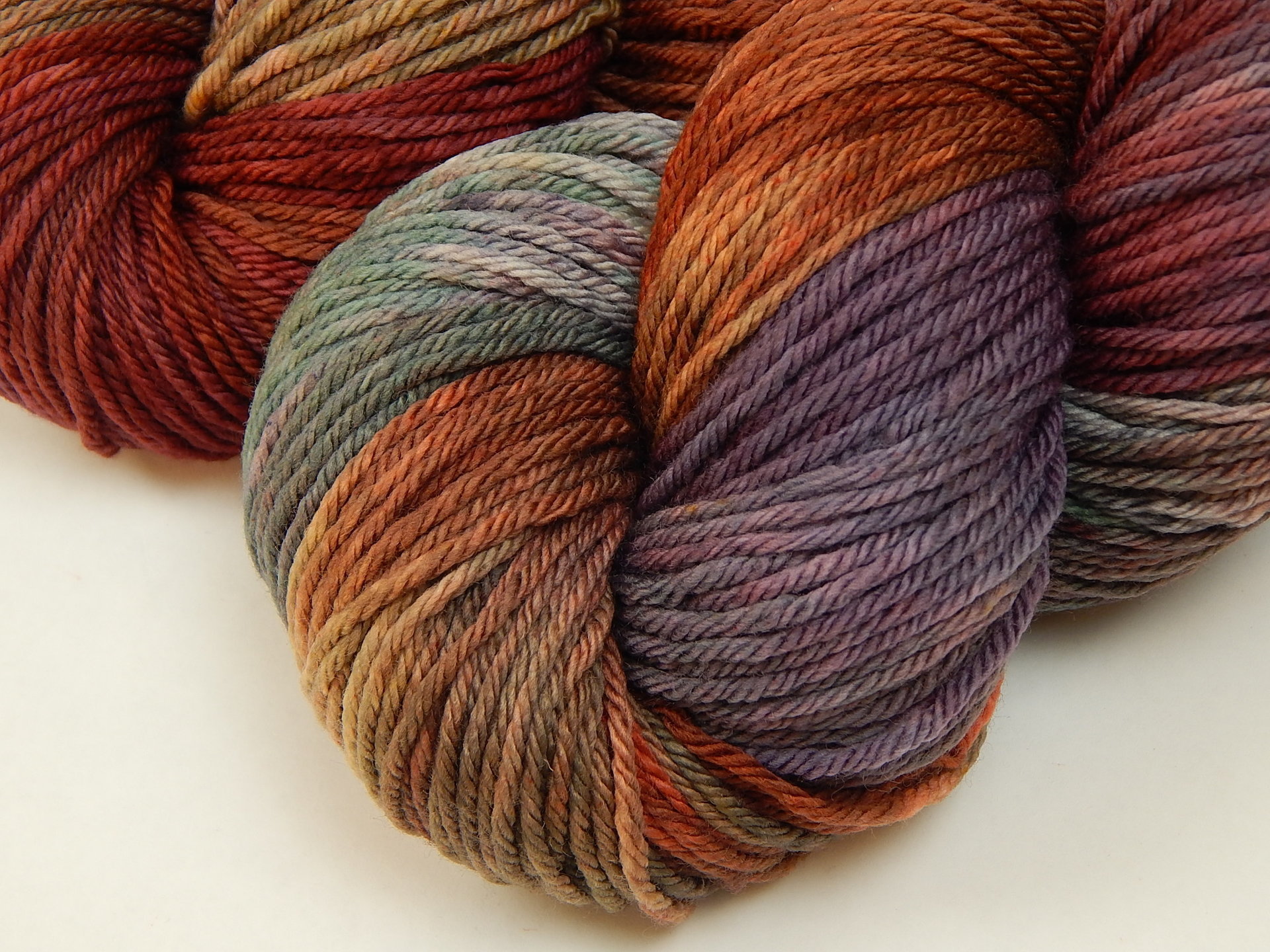 Hand Dyed Yarn, Worsted Weight Superwash Merino Wool - Potluck Rustic Shades - OOAK Indie Dyer Crochet Knitting Yarn, Earthy Rust Cranberry Blue