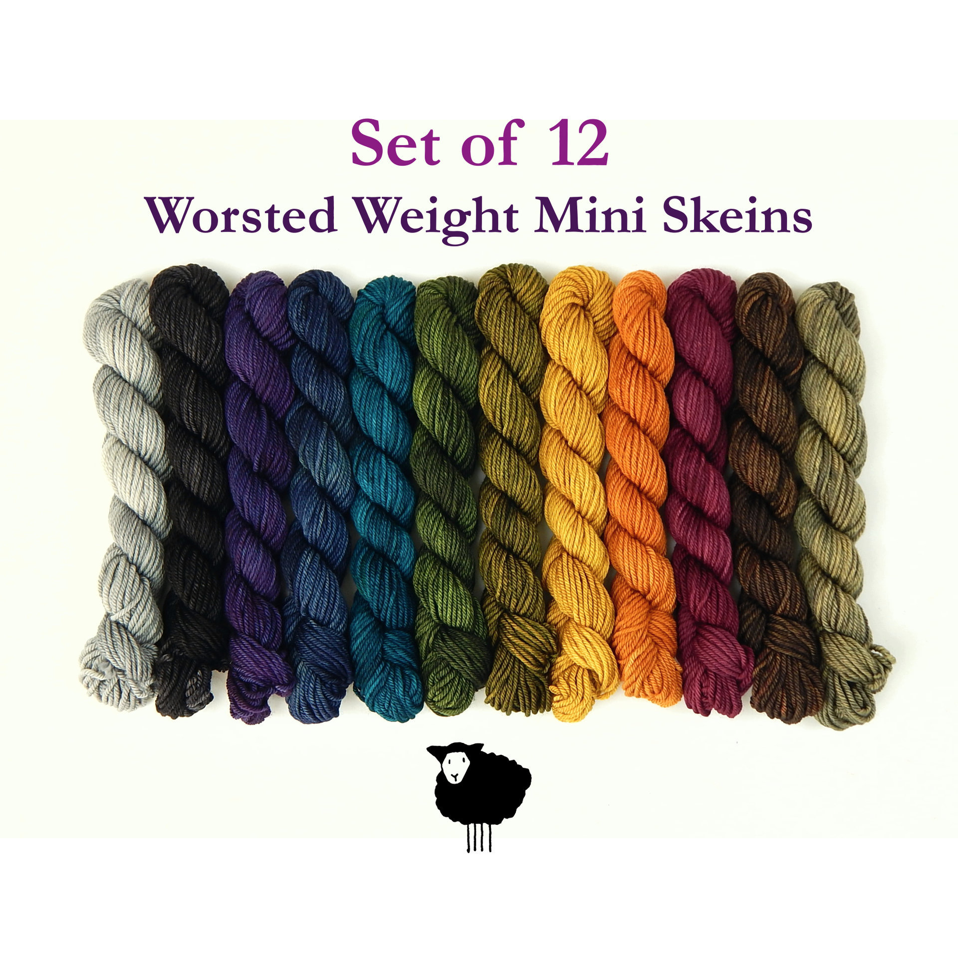 Set of 12 - WORSTED Weight Mini Skeins, Hand Dyed Yarn, 100% Superwash Merino Wool - Saturated, Tonal Colors Knitting Yarn, 20g Per Skein