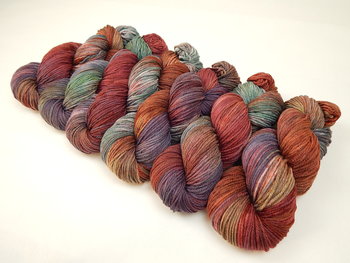 Hand Dyed Yarn, Worsted Weight Superwash Merino Wool - Potluck Rustic Shades - OOAK Indie Dyer Crochet Knitting Yarn, Earthy Rust Cranberry Blue