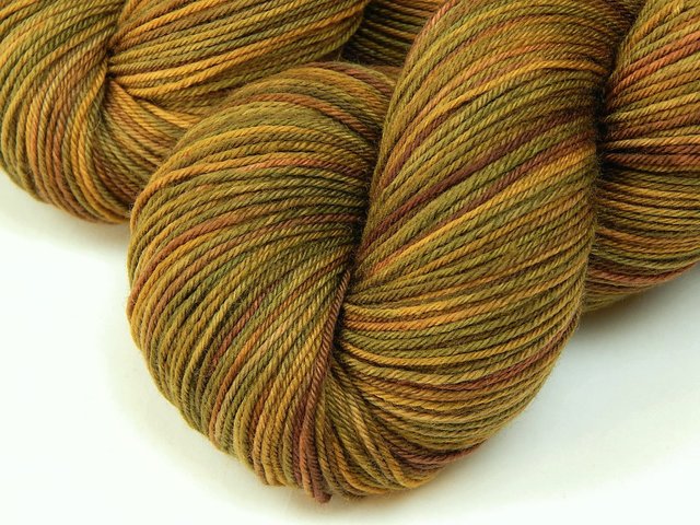 Hand Dyed Yarn, Fingering Sock Weight 4 Ply Superwash Merino Wool - Antique Brass - Indie Knitting Yarn, Gold Olive Brown Handdyed Yarn