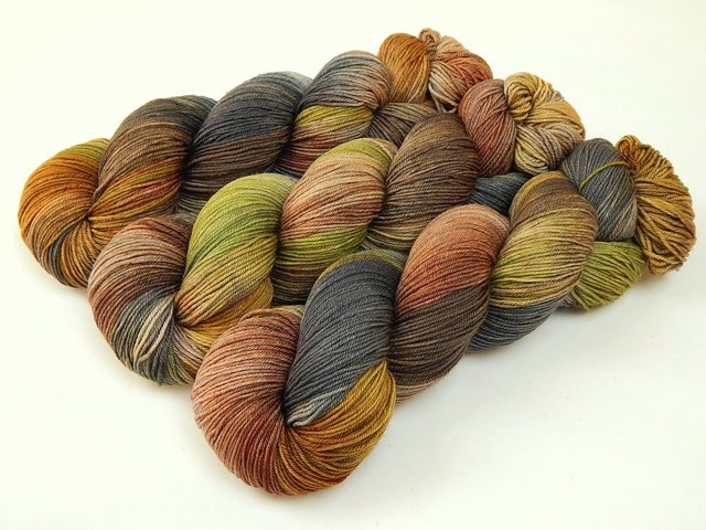 Hand Dyed Yarn, Fingering Sock Weight 4 Ply Superwash Merino Wool - Potluck Greys & Browns - Indie Dyer Gray Rust Brown Green Knitting Yarn