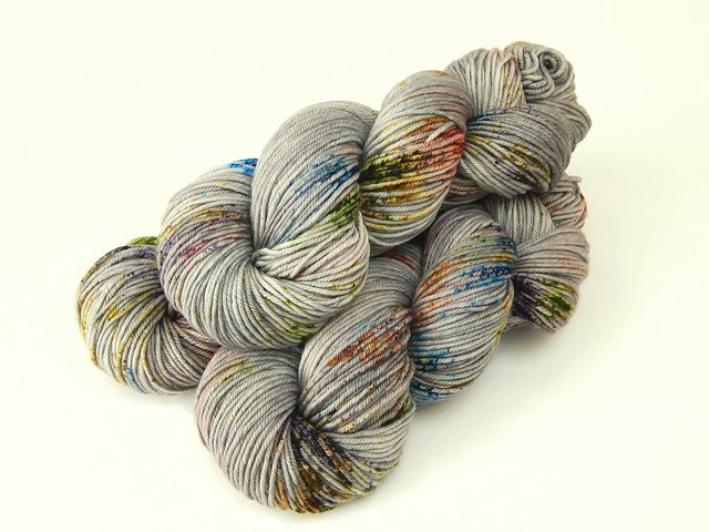 Hand Dyed Yarn, DK Weight Superwash Merino Wool - Potluck Graffiti - Grey with Speckles Indie Dyed Yarn, Gray Rainbow Speckled Knitting Yarn
