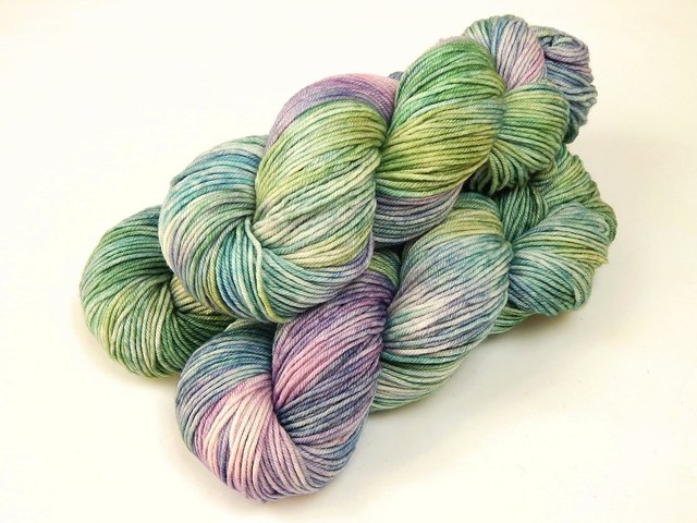 Hand Dyed Yarn, DK Weight Superwash Merino Wool - Potluck Pastels - Blue Green Purple Pink, Speckled Splashed Indie Dyed Knitting Yarn