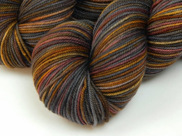 Hand Dyed Yarn, Sport Weight Superwash Merino Wool - Agate - Indie Dyed Grey Gray Brown Gold Knitting Yarn, Earthy Colors Heavier Sock Yarn 