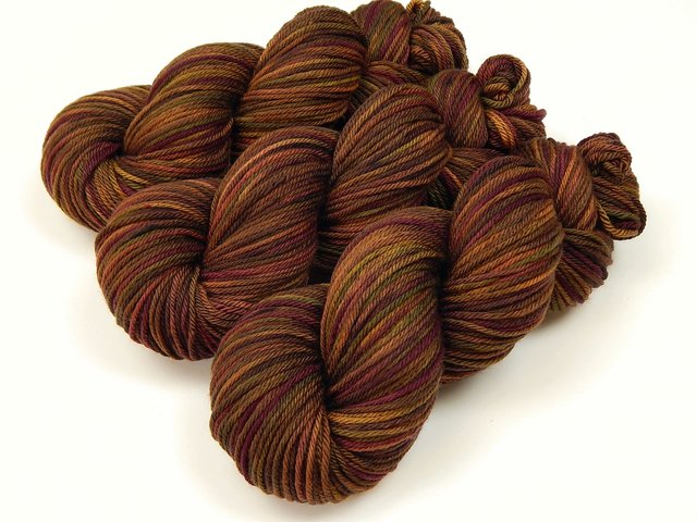 Hand Dyed Yarn, Worsted Weight Superwash Merino Wool - Clove Multi - Indie Dyer Brown Gold Red Knitting Crochet Supply, Autumn Fall Colors 
