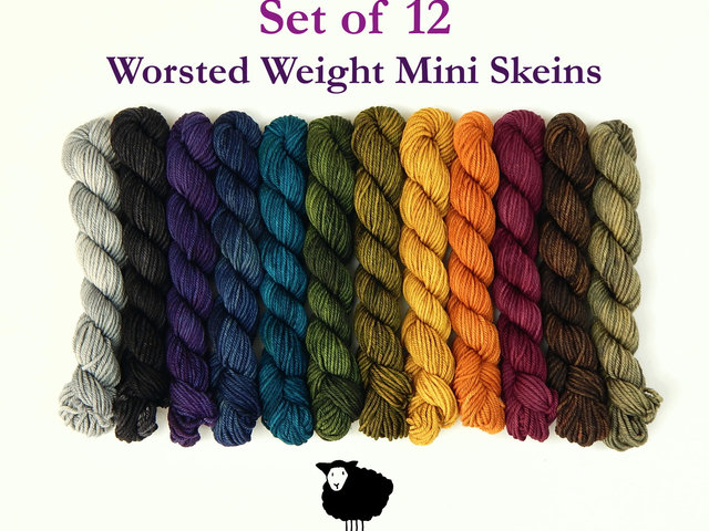 Set of 12 - WORSTED Weight Mini Skeins, Hand Dyed Yarn, 100% Superwash Merino Wool - Saturated, Tonal Colors Knitting Yarn, 20g Per Skein